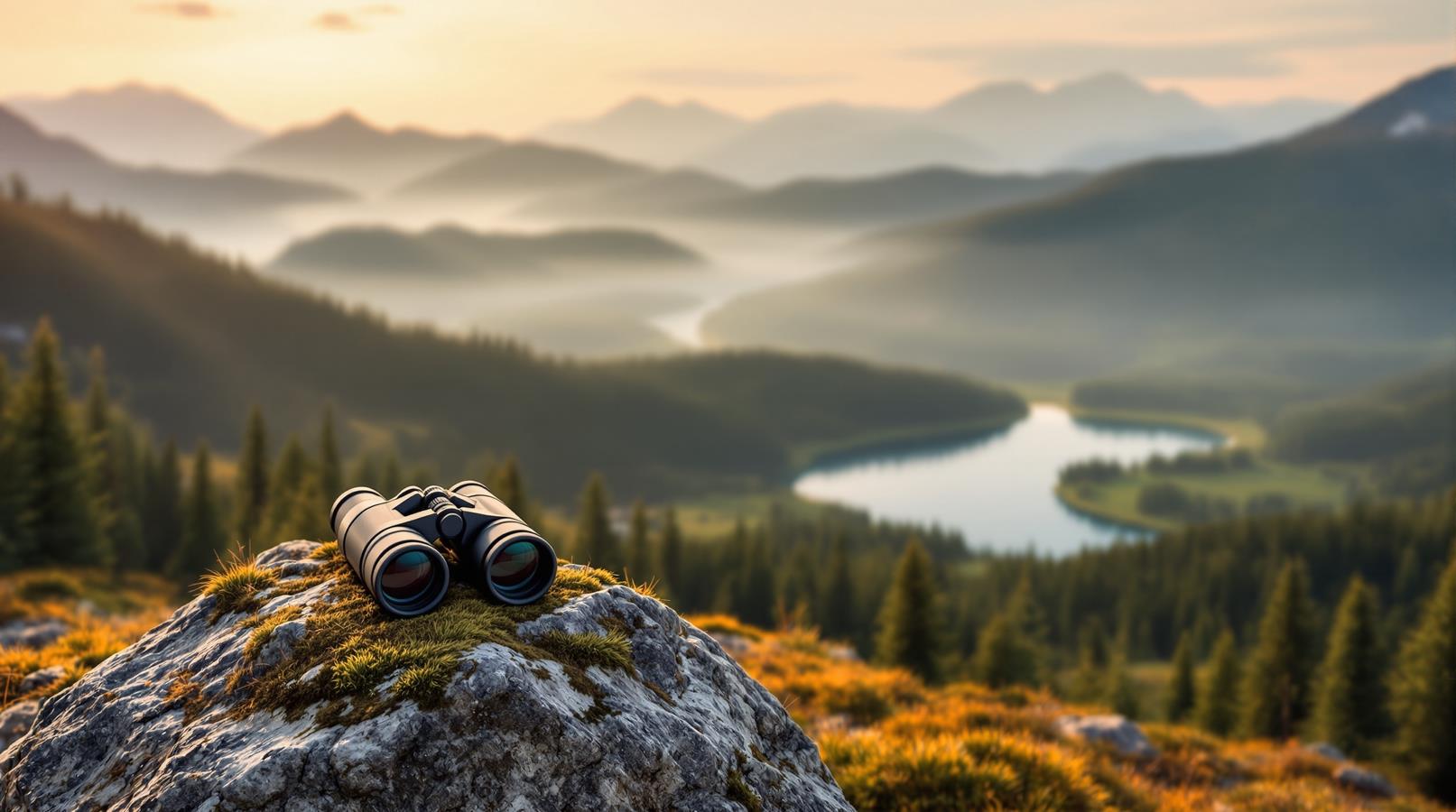 Binoculars resting on a rock overlooking misty mountains and a lake