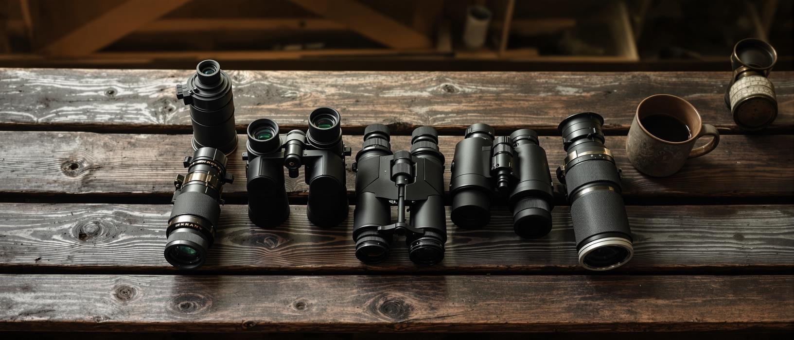 A collection of binoculars arranged on a wooden table