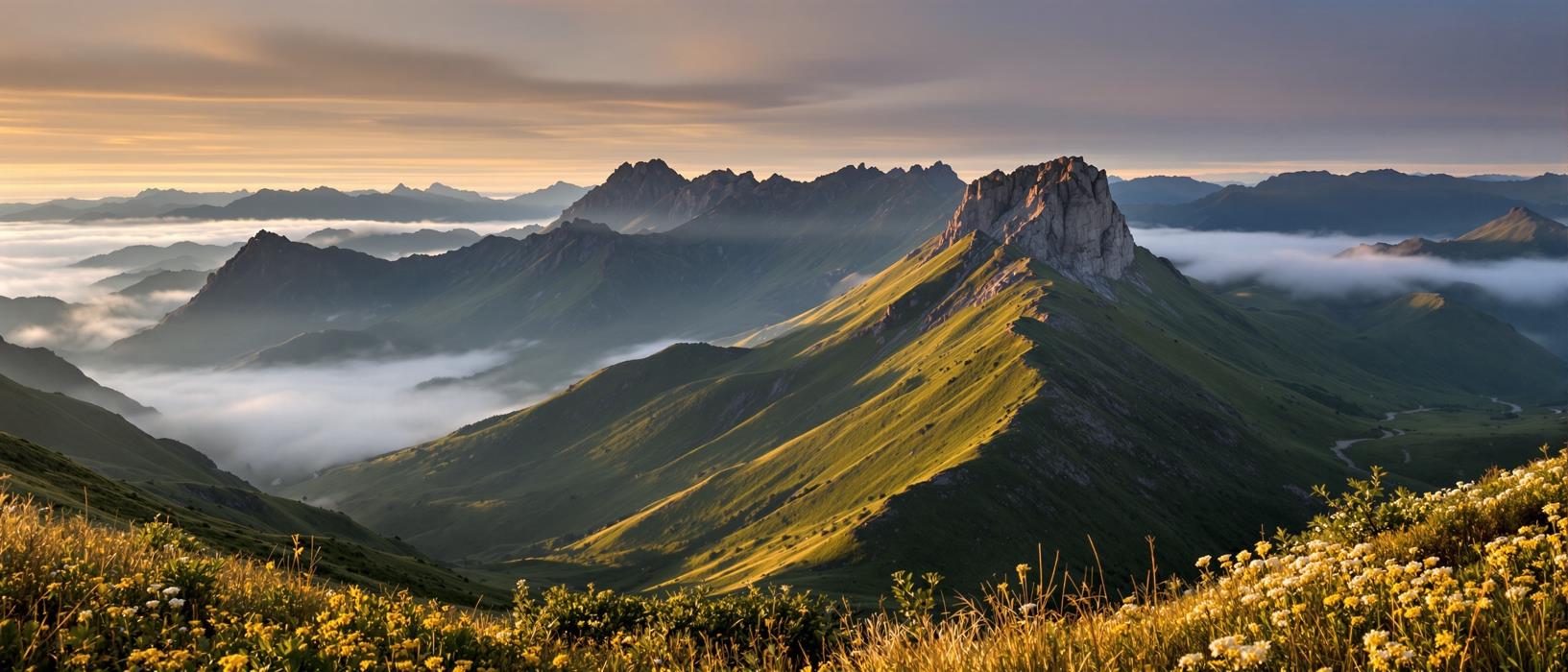 Mountain ridge at dawn with mist