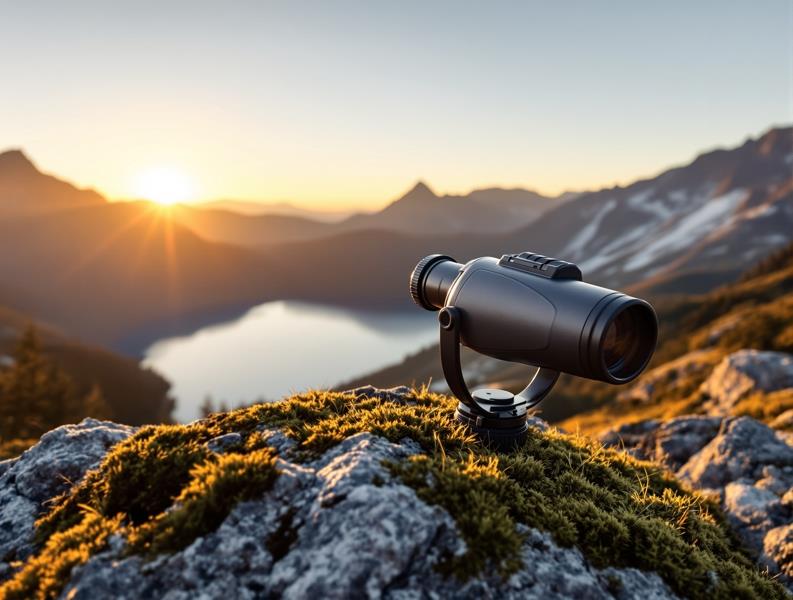 Binoculars resting on a rock overlooking a mountain lake at sunrise