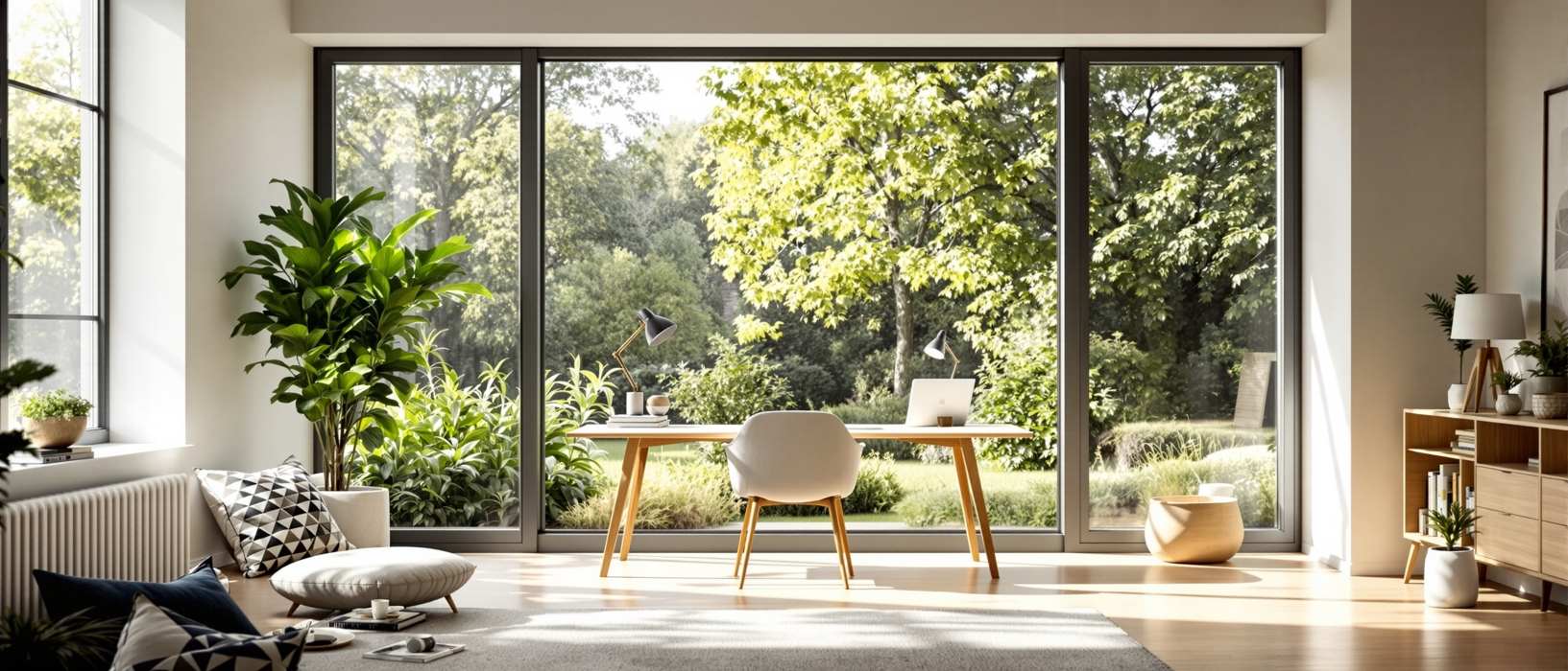 Bright home office with garden view