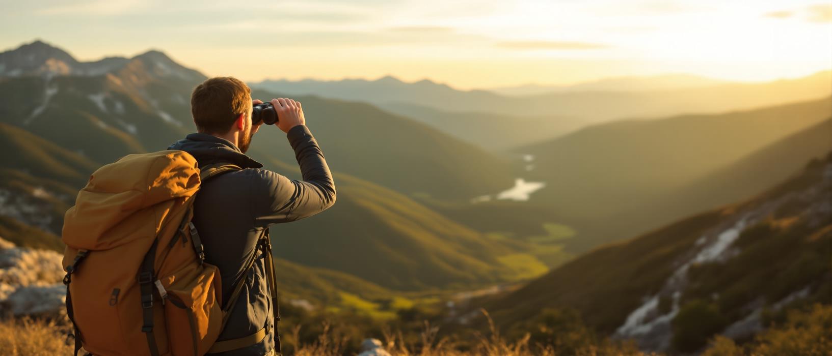 Hiker holding binoculars on a mountain overlook