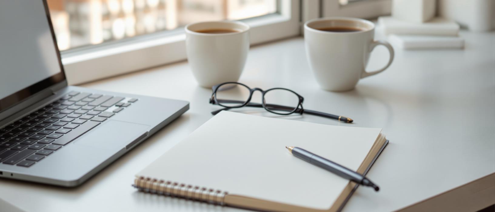 Clean desk with notebook, eyeglasses and laptop